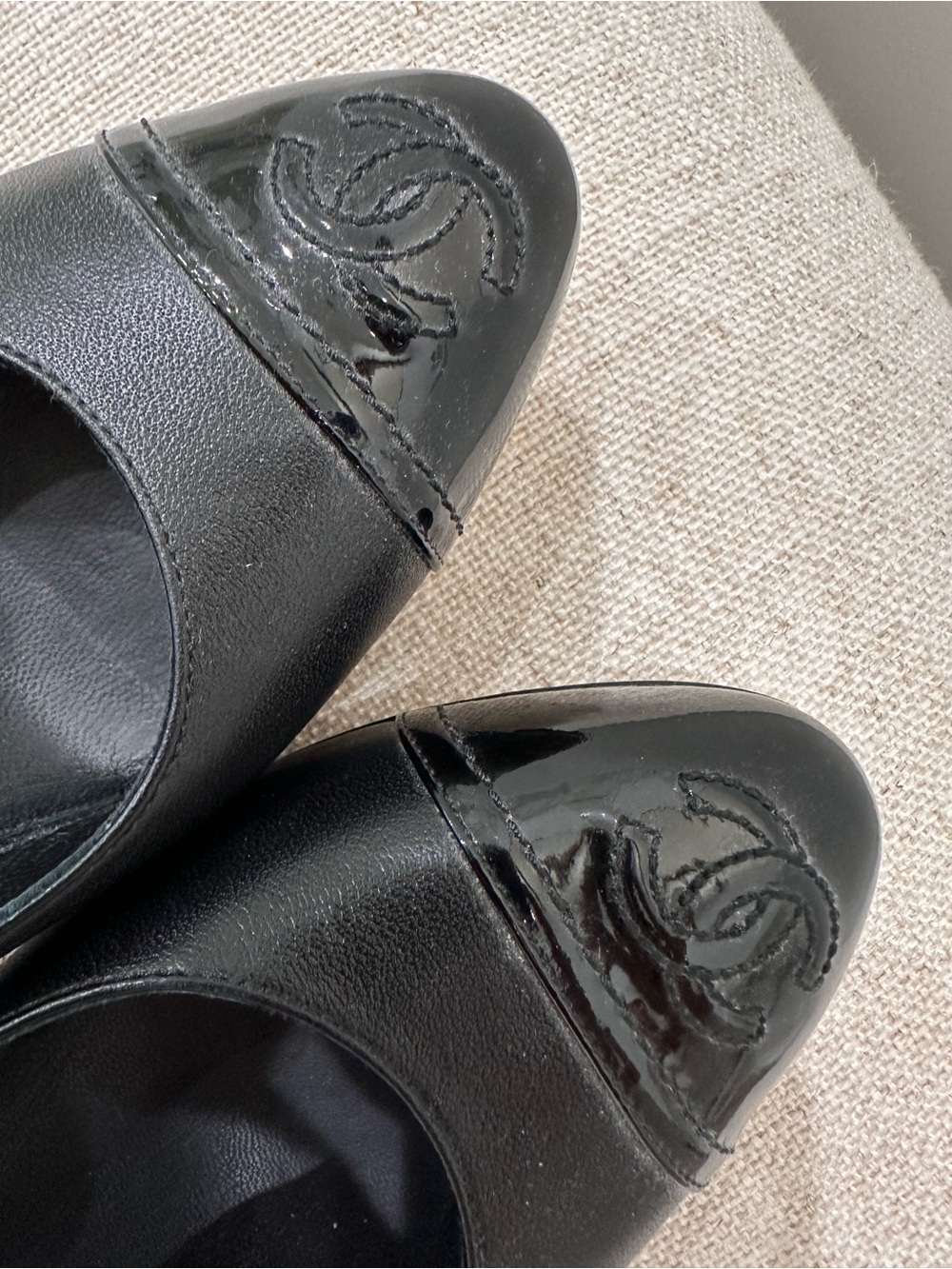 CHANEL Black Leather Pumps with Patent Cap-Toe - Picture 12 of 12